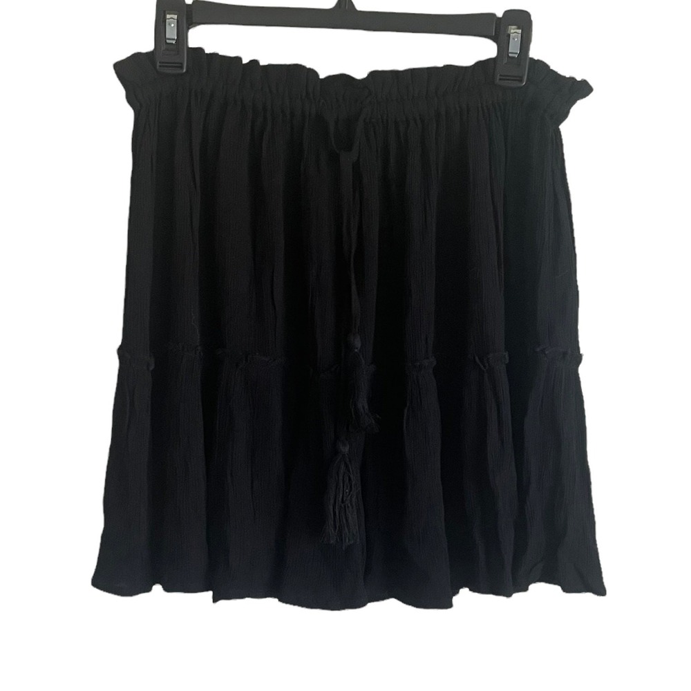 Elan Womens Mini Skirt L Black Tiered Tassel Boho Festival Resort Vacation Gauze